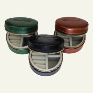 Caja redonda de joyería de viaje en cuero
